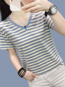 Pure Cotton Short Sleeve T-Shirt Women Summer New Stripe Loose Large Size Slimming V-Neck Top Half Sleeve Anti-Aging Korean Style