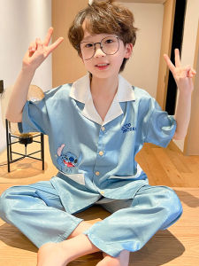 Ice Silk Boys Sleepwear Summer Thin Short Sleeve Long Pants Childrens Three-Piece Set Blue Cartoon Boy Parent-Child Home Clothes
