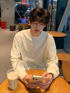 เสื้อยืดคอกลมแขนยาวสีขาวสไตล์อเมริกัน Cleanfit สำหรับผู้ชาย ทรงหลวม ผ้าฝ้ายแท้ ทรงหลวม ทรงหลวม ทรงหลวม