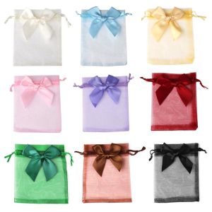 10pcs/Lot 10x15cm Bowknot Organza Mesh Drawstring Bags Wedding Candy Gifts Storage Bag Pouches Earring Jewelry Packaging Bag