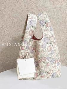 Korean Style Cute Mini Canvas Handbag Portable Lunch Bag Handheld Bag Outdoors Convenient Shoulder Bag Large Size Plant Floral