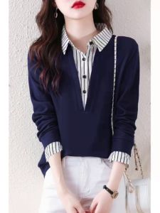 Outlet Store Clearance Brand เสื้อสเวตเตอร์ถัก เสื้อเชิ้ตลายทาง ผู้หญิง แขนยาวสองชิ้นปลอม เสื้อชั้นใน Warmth Emitting