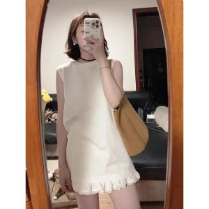 Trendy Cotton Vest Womens Summer White round Neck Sleeveless Longline Top Age-Reversing Fashionable Casual Korean Style