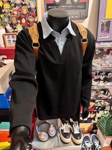 เสื้อสเวตเตอร์คอกโปโลผู้ชายสีดำ ทรงหลวม แขนยาว ผ้าฝ้ายผสมโพลีเอสเตอร์ ฤดูใบไม้ผลิ ฤดูใบไม้ร่วง ฤดูหนาว แฟชั่น