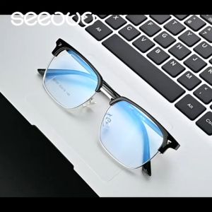Seeouo Frame Kacamata Model Browline Kotak Stylish Bahan Metal+TR90 Fashionable Pria Wanita Ringan Comfortable Bisa MInus Antiradiasi Blueray Photocromic 52187