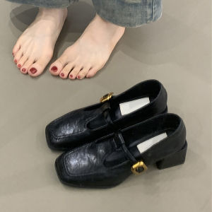 Goatskin Version ~ Retro Square Head Elegant High Heel Mary Jane Shoes Flats Word Buckled Chunky Heel Commuter High Heels Female