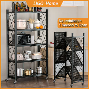 LiGO 3 Tier/4 Tier/5 Tier Foldable Storage Rack Organizer Home Storage Rack Kitchen Rack Living Room Rak with Wheel