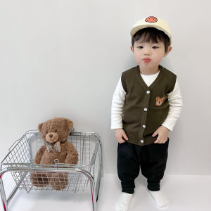 เสื้อกั๊กถักสำหรับเด็กทารกฤดูใบไม้ผลิและฤดูใบไม้ร่วงเสื้อกั๊กผ้าฝ้ายแท้ไหมพรมแมทช์ลุคง่ายสำหรับเด็กหญิงและเด็กชายเสื้อกั๊กคาร์ดิแกนลายการ์ตูนสำหรับเด็กออกไปข้างนอก