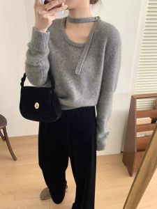 Beige Halterneck Ribbon Stylish Sweater round Neck Thick Sweater Base Ride Female 2024 Short Spring and Autumn Tops