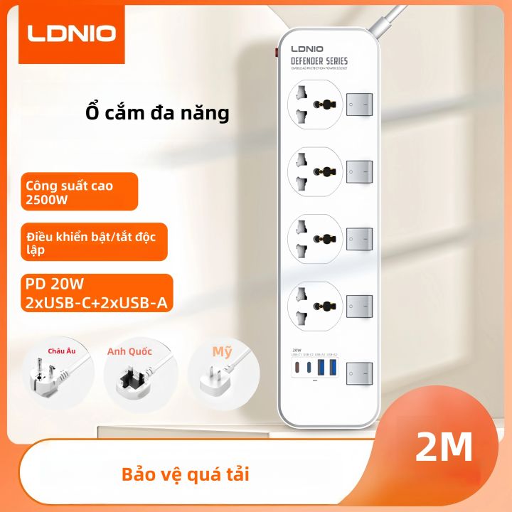 Ổ Cắm Điện Đa Năng LDNIO 2M Tích Hợp Công Tắc USB C, Dây Nối Dài, Bảo ...
