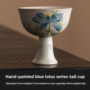 JISU | Minimalist Blue Lotus High-footed Ceramic Tea Cup