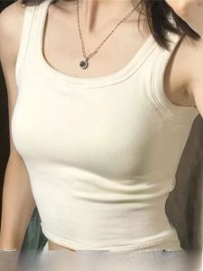 เสื้อกั๊กสีขาวคอวีแขนกุดผ้าฝ้ายแท้สำหรับผู้หญิงในฤดูร้อน เสื้อชั้นในแบบมีสายรัด กางเกงขาสั้น ทรงเข้ารูป แขนกุด ดีไซน์หลังสวยงาม