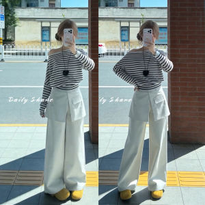 XUECAIQI | Spring Two-piece Set Womens Slant Shoulder Striped Long Sleeve Shirt Wide Leg Pants