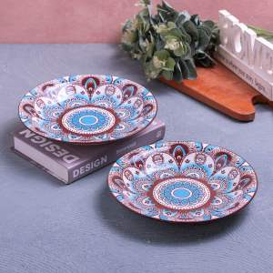 Piring makan bijian keramik omega 9.25 motif bohemian abstrak biru coklat