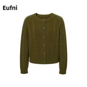 Eifini | Round Neck Cable Pattern Pure Color Warm Wool Knit Cardigan