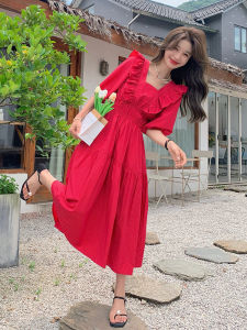 Dragon Fruit Colored French Style Square Collar Bared Waist Dress Women Summer New Delicate Waist Shaping Midi Skirt
