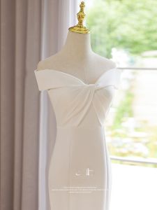 Elegant Simple One-Shoulder Fish-Tail Evening Gown Womens Dress 2025 New Style White Host Skirt for Wedding Party Performance