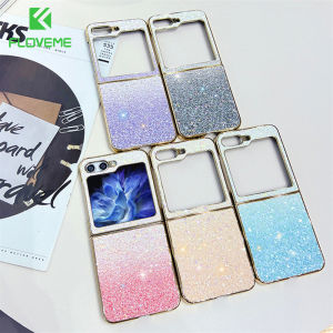 FLOVEME Gradient Glitter Folding Phone Case For Samsung Galaxy Z Flip 5 Flip 4 Flip 3 5G Bling Color Sequins Luxury Gold Plating Frame All-inclusive PC Hard Shockproof Back Cover For Galaxy Z Flip 5 Flip 4 Flip 3