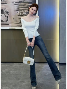 YUEZHONGWEI | Elegant Sparkle Off-Shoulder Long Sleeve Fitted Blouse