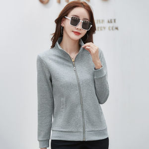 เสื้อสเวตเตอร์คอตั้งคอตตอนบางฤดูใบไม้ผลิและฤดูใบไม้ร่วงสำหรับผู้หญิง แจ็คเก็ตคาร์ดิแกนแบบเปิดด้วยซิปแบบลำลองและแฟชั่น