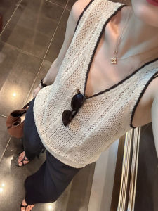 CHOEFULYN | Elegant French Retro Color Contrast Hollow Out Sleeveless Tank Top Summer