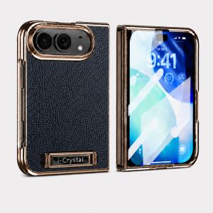 szhaiyu | Luxury Electplating PU Leather Shockproof Phone Case For iPhone Duo With Hidden Metal Bracket Screen Glass Protector Cover