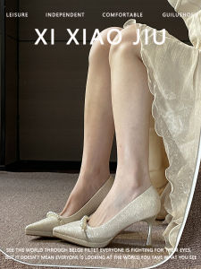 French Style Waterproof Pearl Design Pointed Toe High Heels Leather Interior Wedding Shoes Maids Fashionable Fairy Tale Slippers