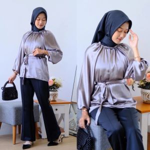 LOLA BLOUSE SHIMMER CRADENZA SILK PREMIUM atasan tali wanita lengan serut exclusive mewah