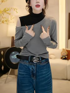 เสื้อยืดคอกลมแขนยาวทรงสลิมฟิตสำหรับผู้หญิง ฤดูใบไม้ร่วง 2025 เสื้อชั้นในผ้าเดนิมสองด้าน ทรงเข้ารูป แขนยาว โชว์ไหล่