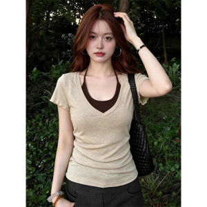 LANMENGYA | Layered Design V-Neck T-Shirt Half Sleeve