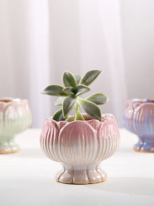 Cute Stylish Minimalist Succulent Ceramic Flower Pot Stoneware Breathable Desktop Indoor Lotus Shape Gradient Glazed Pot