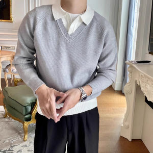 เสื้อสเวตเตอร์คอโปโลแขนยาวทรงสลิมฟิตสำหรับผู้ชาย ฤดูใบไม้ร่วง/ฤดูหนาว สไตล์เกาหลี เสื้อสเวตเตอร์ถักแบบสวมหัว