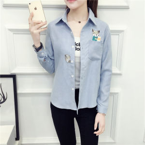 Fall and Winter Dralon Brushed Shirt for Women Embroider Preppy Style Long Sleeves Bandage Dress Inner Wear Fleece-lined Thickened Shirt Bottoms Women