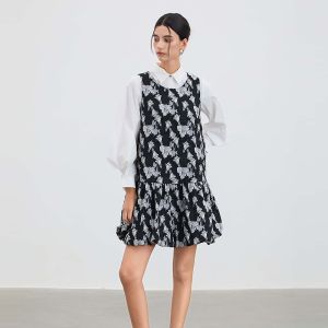 S·DEER | Retro Round Collar Embroidery Contrast Color Sleeveless Dress