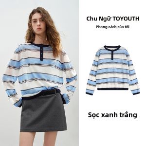 Toyouth | Áo Mỏng Phong Cách Vải Linen Sọc Dành Cho Phụ Nữ Kiểu Suông Cổ Tròn