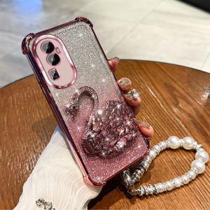Luxurious Swarovski Crystal Swan Phone Case with Pearl Bracelet Full Cover Protection for Oppo RENO10 pro Shiny Sandflow Design