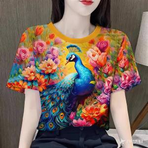 เสื้อสงกรานต์2568 รูปแบบ 3D นกยูงที่เป็นมงคล เนื้อผ้าซับเหงื่อ เสื้อยืดผู้หญิงขนาดใหญ่ จัดส่งเร็ว