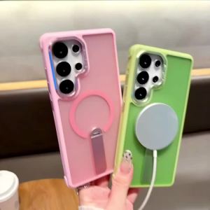 Luxury Metal Stand for Magsafe Phone Case for Samsung S26Ultra S26 S25 S24 Plus Magnetic Wireless Charger Matte Shockproof Cover