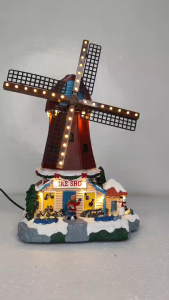 FC608 Windmill Village Christmas Decor with illuminated windmill and Festive Scene.