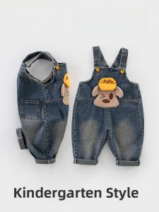 Cute Cartoon Baby Jeans Suspenders Pants for One Year Old Boy Straight Leg Long Trousers Fashionably Cool Spring Autumn Wear