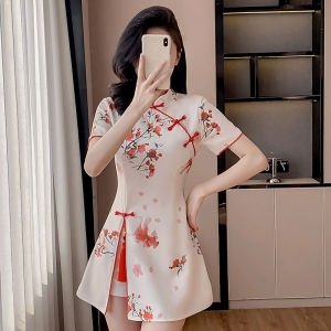 New Fashionable Chinese Style Set Small Size Cheongsam Dress Elegant Thinming Qiupao Skirt Set Cotton Short Sleeve Zipper