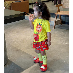 Summer Casual Short Sleeve Childrens Outfit Red Cartoon Short Skirt Girls Baby Set Korean Style Two-Piece Suit for Kids