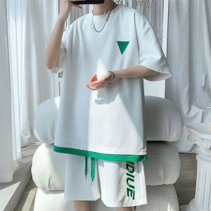 Leisure Sports Suit Mens Summer Fashion Brand Short Sleeve T-shirt+wide Leg Pants Mens Two-piece Shorts Suits