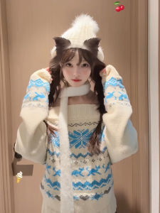 Christmas Shoulder-Bow Long-Sleeve Knitted Sweater Womens Autumn Winter Lazy Style High-End Feeling Long Sleeve Knitwear Top