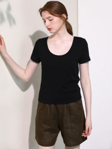 Miccbeirn | Silk Long Staple Cotton Simple T-Shirt Short Sleeve U-Neck Slimming Versatile Shoulder Appropriate Basic Style Commute Shirt