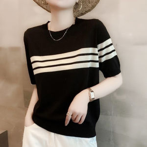 Casual Comfortable round Neck Ice Silk Knitted Top Summer Slimming Stripe Short Sleeve Pullover Base Shirt Anti-Aging Korean Style