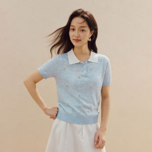 INMAN | Floral Embroidery Lace Polo Neck Knit Top Short Sleeves