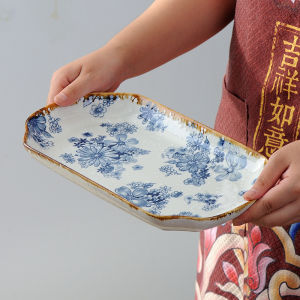 Creative Blue And White Ceramic Fish Plate Rectangular Japanese Style Steamed And Roasted Utensils New Model Dishware for Adults