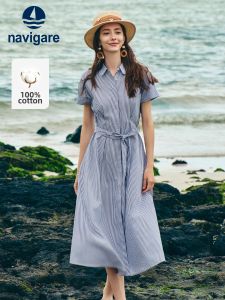 Navigare | Đầm Dài Bông Phong Cách Thường Ngày Đính Sọc Dáng Suông