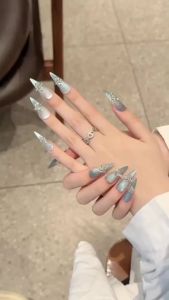 100% HANDMADE Artificial Nail French Romantic Ice Blue Diamond Cats eye Long Almond Phototpy Fake Nail Patch Press on Nails Reusable With Free Glue